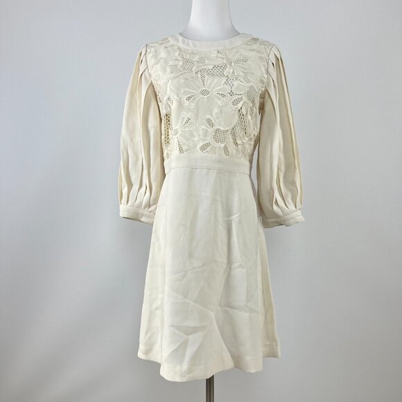 $655 NWT SEE BY CHLOÉ Embroidery Mini Dress Cream Size 40 Pleated Sleeves - Picture 2 of 13